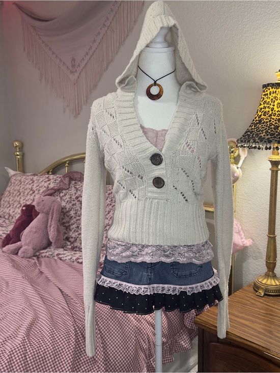 Vintage Sweaters - Y2K Cream Hooded Knit Sweater with Button Front